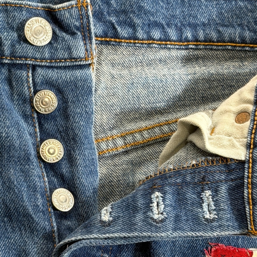 Custom Reconstructed Levis 501 Denim Mini Skirt Patchwork BOHO Art Distressed 27